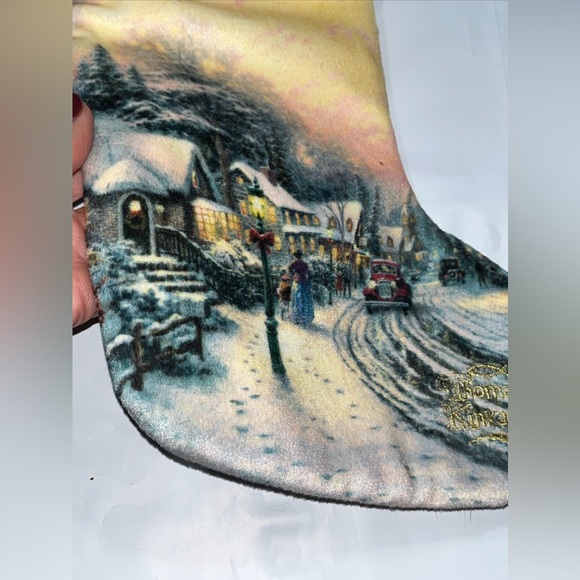 THOMAS KINKADE Village Christmas Fur Stocking Gold Embroidery 15"  Satin lining - Picture 11 of 15